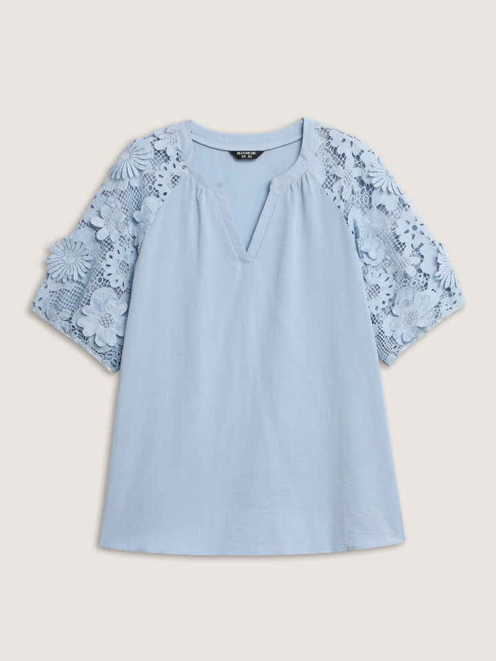 3D Floral Sleeve Spliced Flowy Blouse