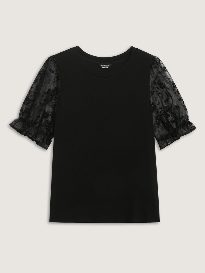 Sheer Puffy Sleeve Round Neck T-Shirt