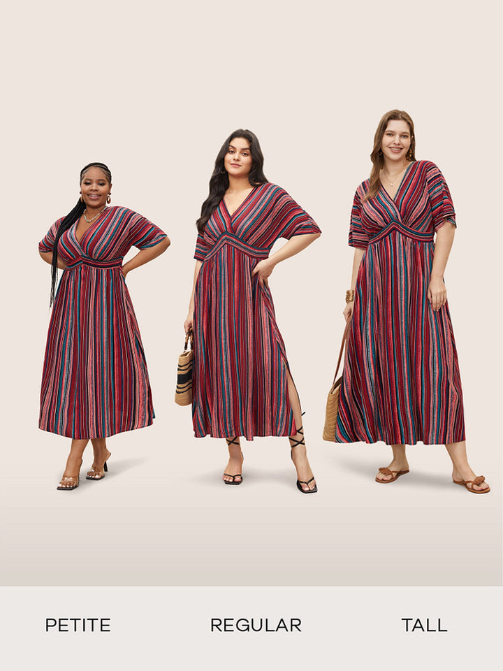 Striped Contrast Dolman Sleeve Shirred Pocket Split Flutter Dress