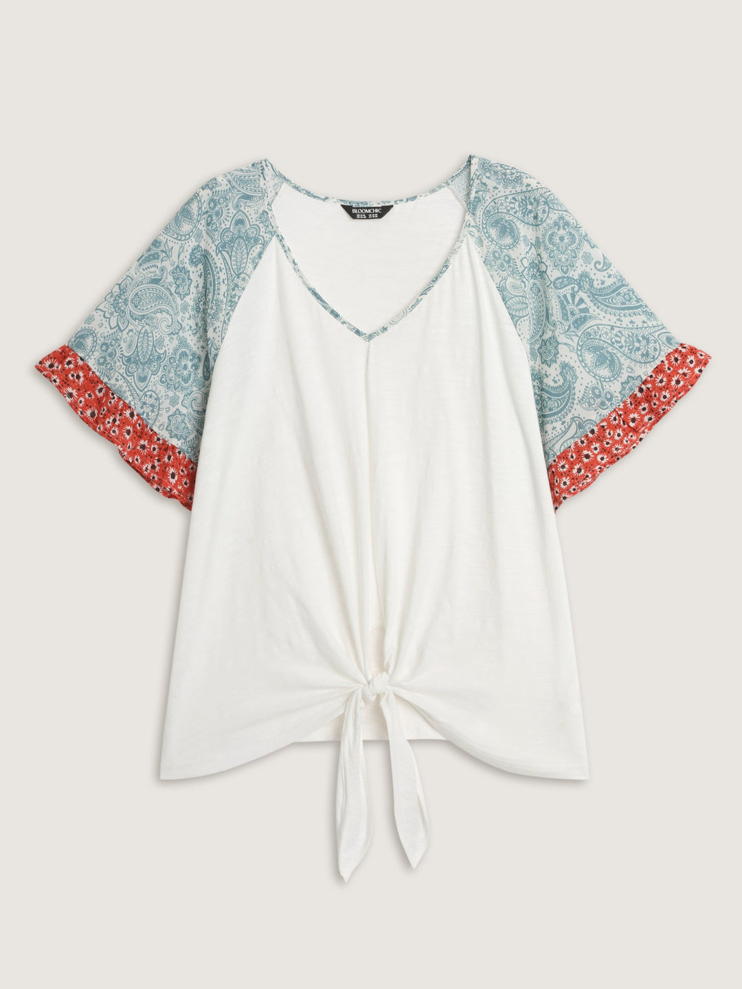 Pure Cotton Floral Sleeve Knotted T-Shirt