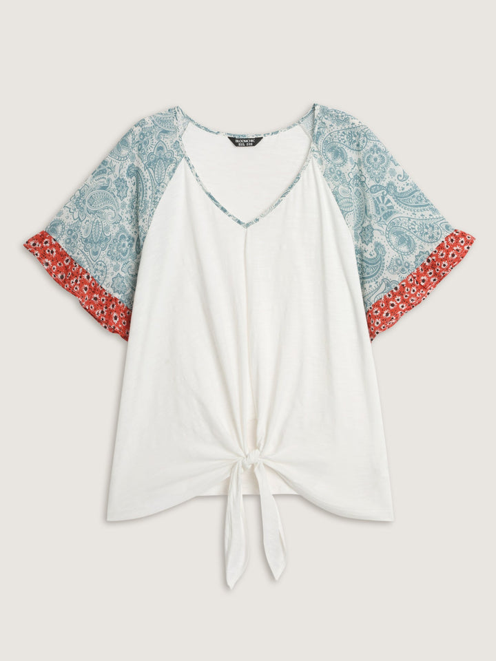 Pure Cotton Floral Sleeve Knotted T-Shirt