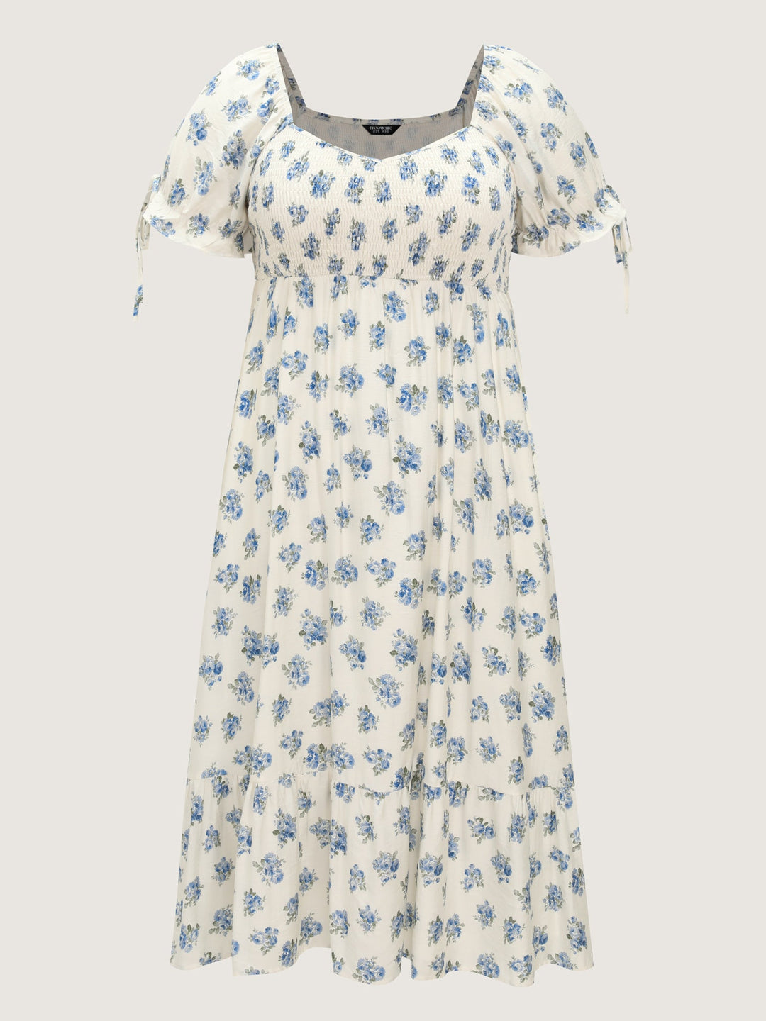 Floral Print Shirred Bodice Sleeve-Tie Maxi Dress
