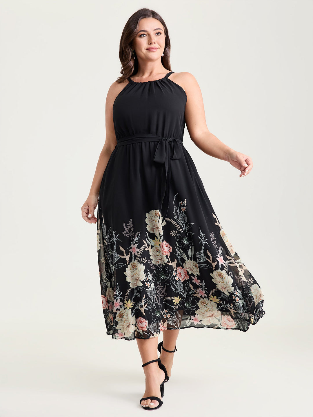 Budding Romance Halter Neck Stretchy Waist Midi Dress