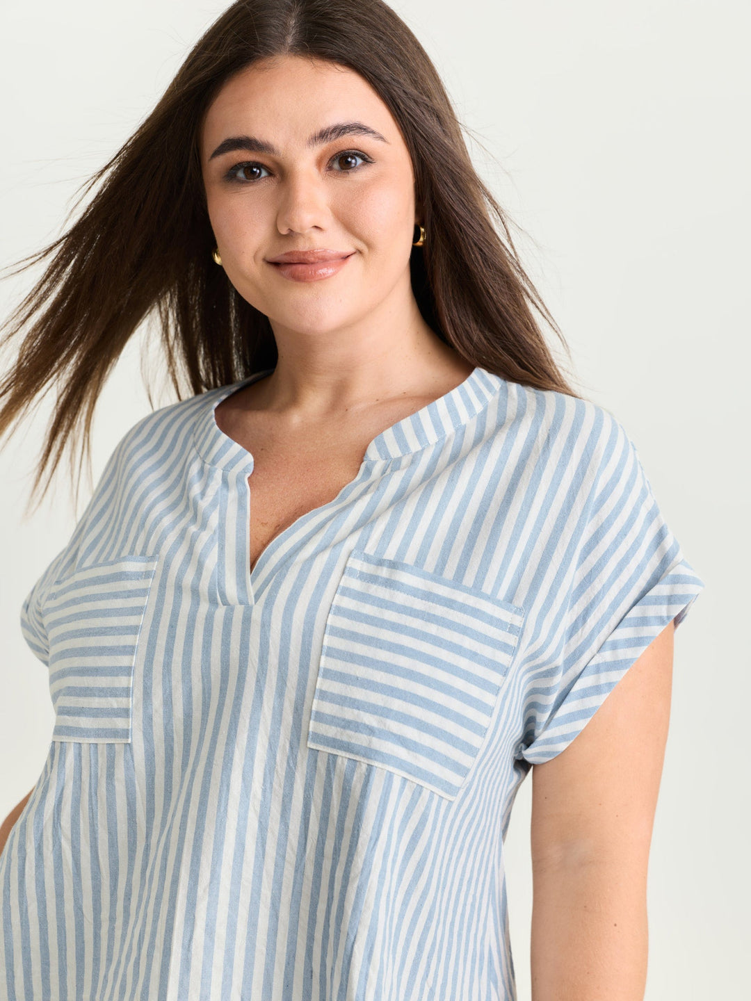 Cotton Striped Print Pockets Curvy Fit Blouse