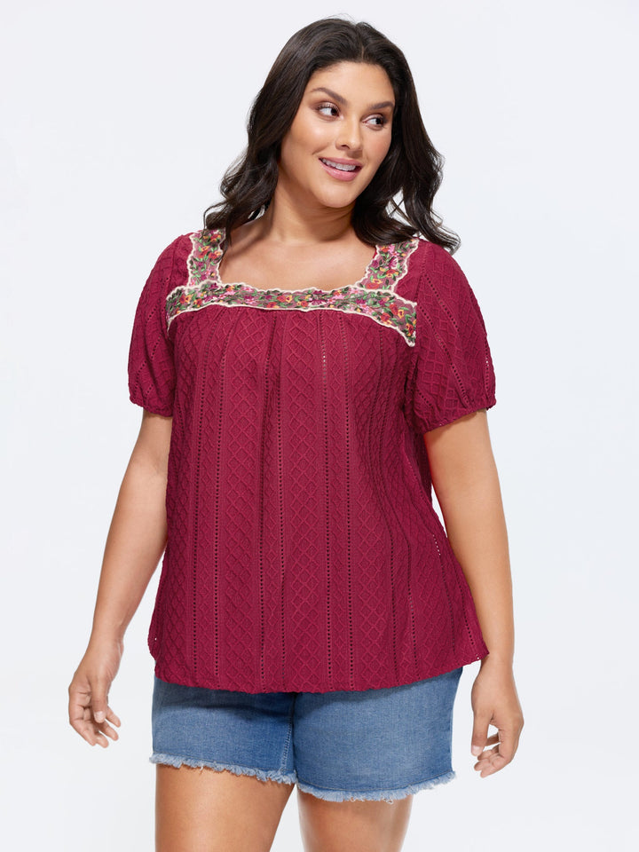 Eyelet Trim Floral Embroidered Solid T-Shirt