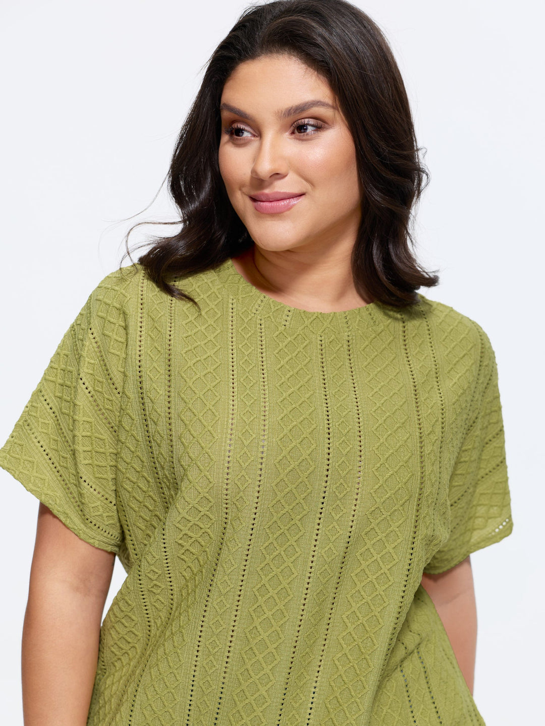 Eyelet Trim Stretchy Textured Plain Top