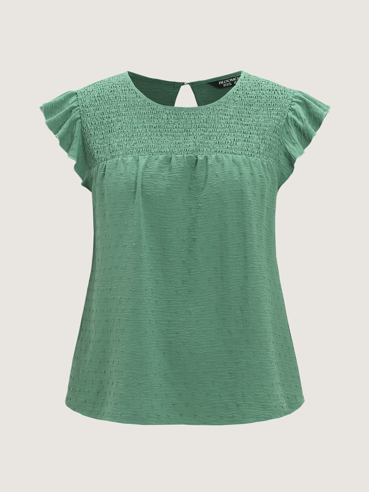 Shirred Round Neckline Flutter Sleeve Blouse