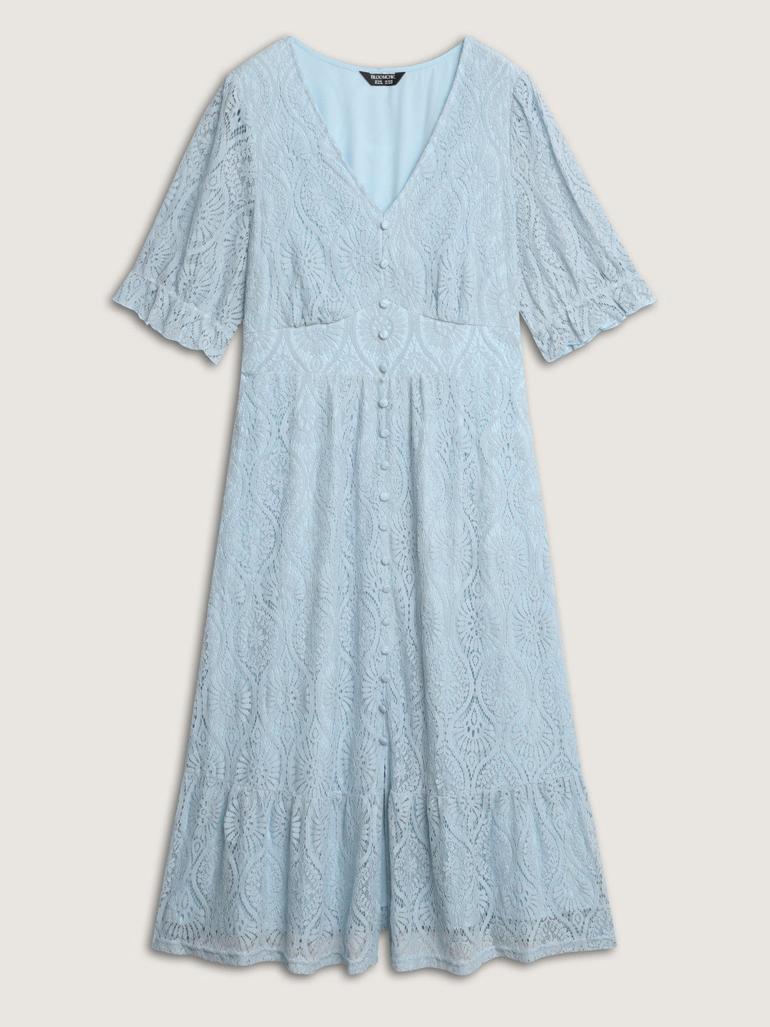 Lace Trim Shirred Button Detail Midi Dress