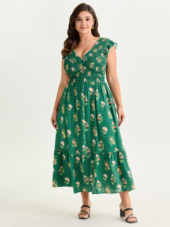 Floral Print Shirred Waist V-Neck Midi Dress
