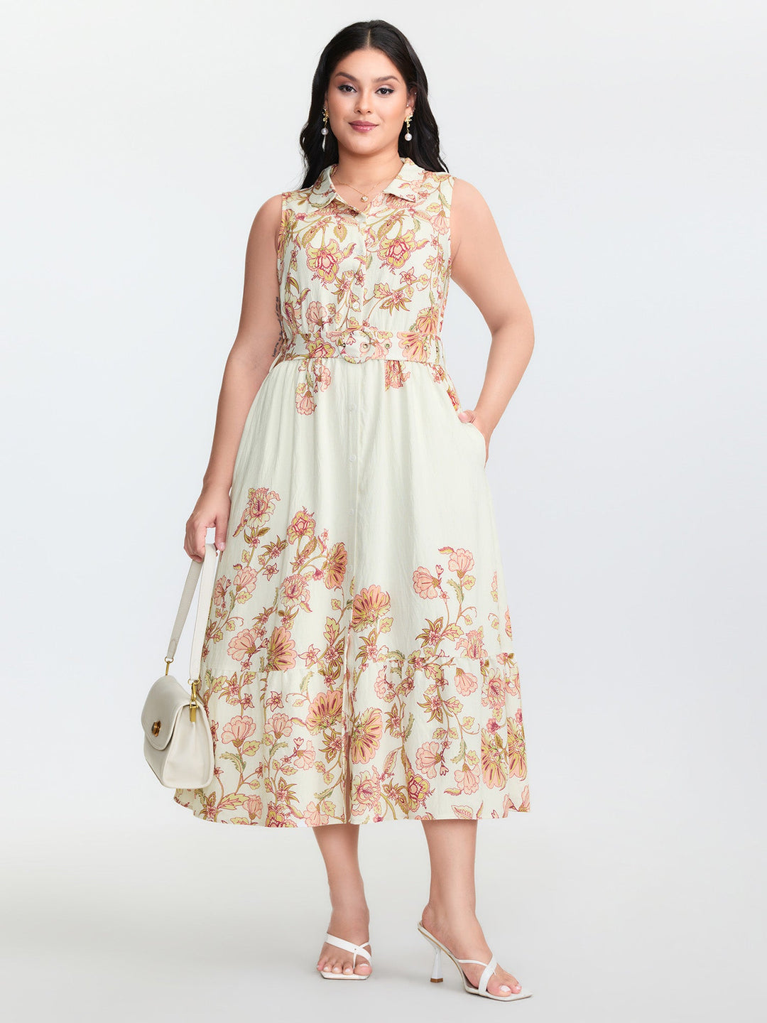 Soft Floral Print Collar Slit Midi Dress