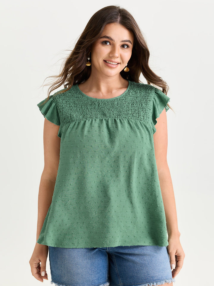 Shirred Round Neckline Flutter Sleeve Blouse