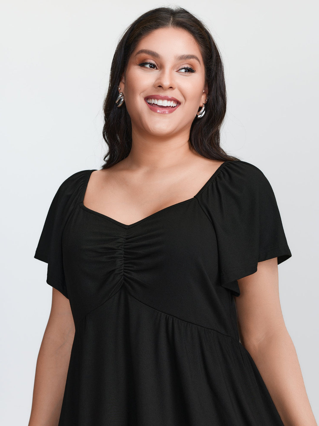 Lace Trim Flared Sleeve Ruched-Front Knit Top