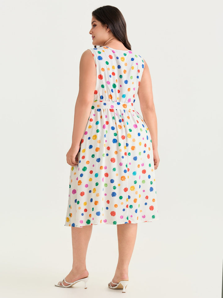 Colorful Polka Dot Waist Tie Midi Dress