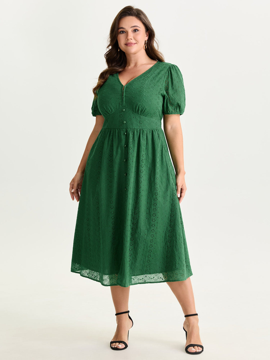Cotton Eyelet Trim Cinched-Waist Midi Dress
