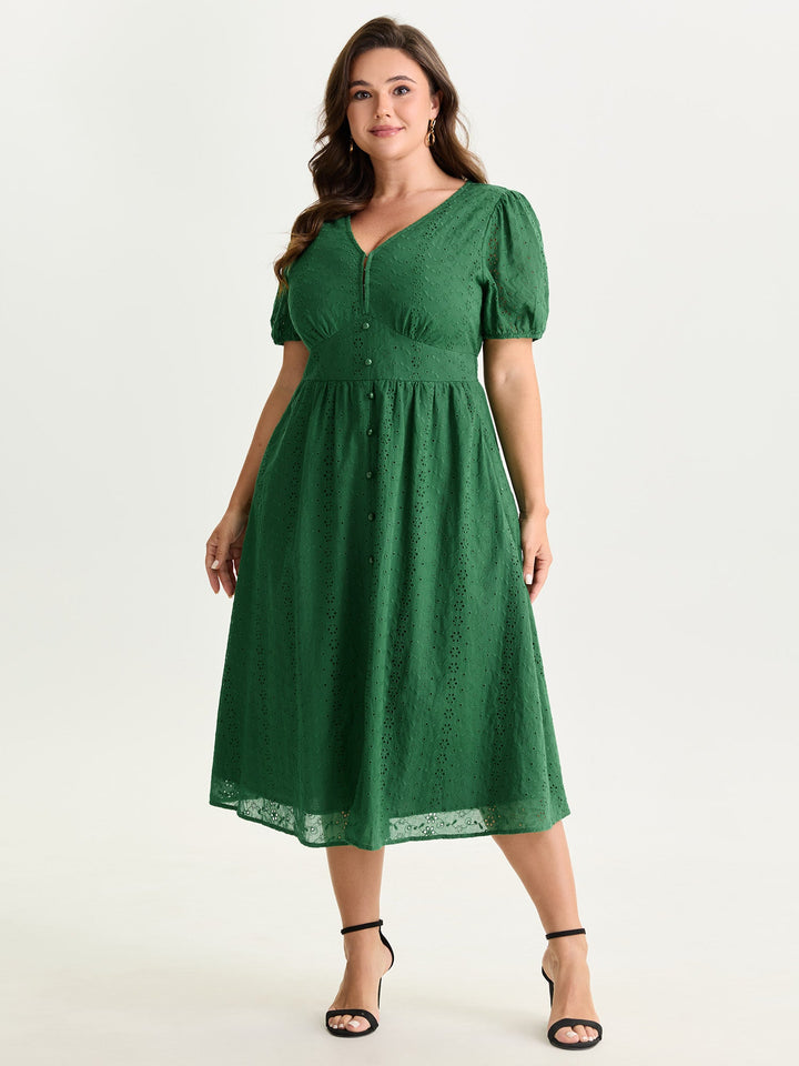 Cotton Eyelet Trim Cinched-Waist Midi Dress