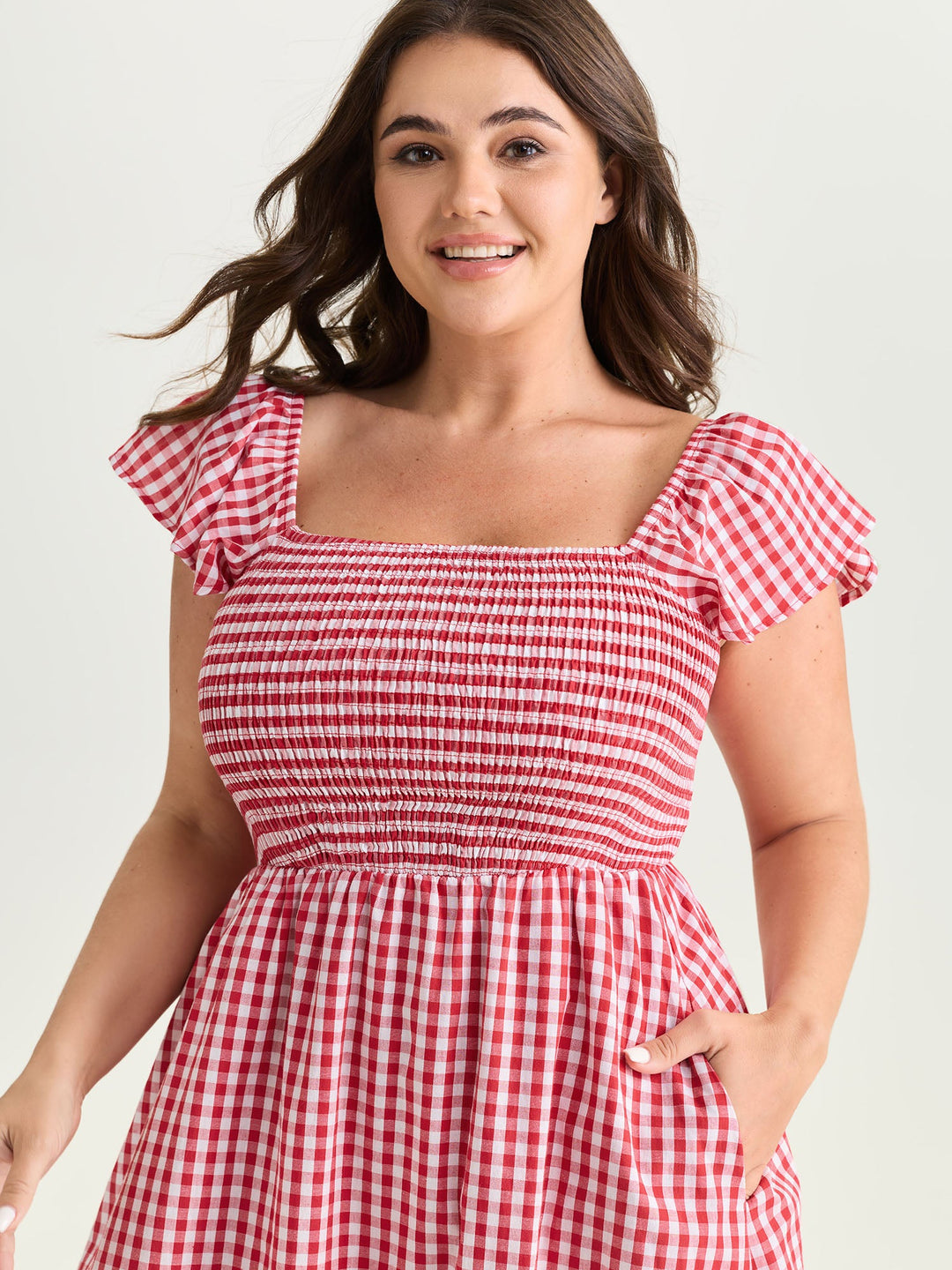 Cotton Gingham Print Shirred Bodice Midi Dress