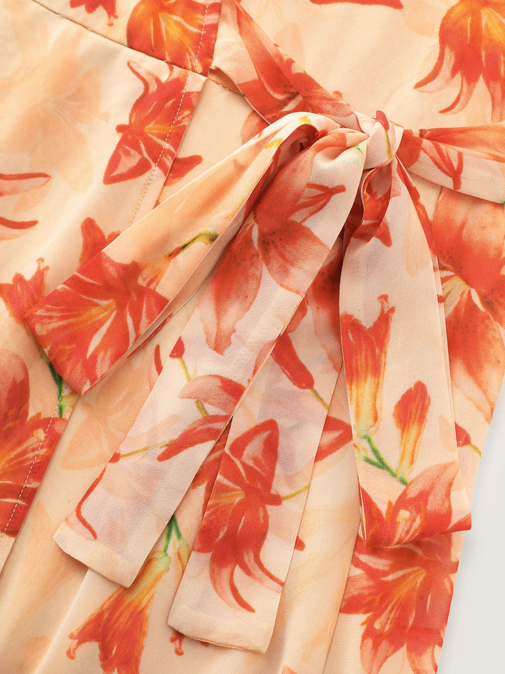 Floral Print Wrap-Tie Front High Low Hem Midi Dress