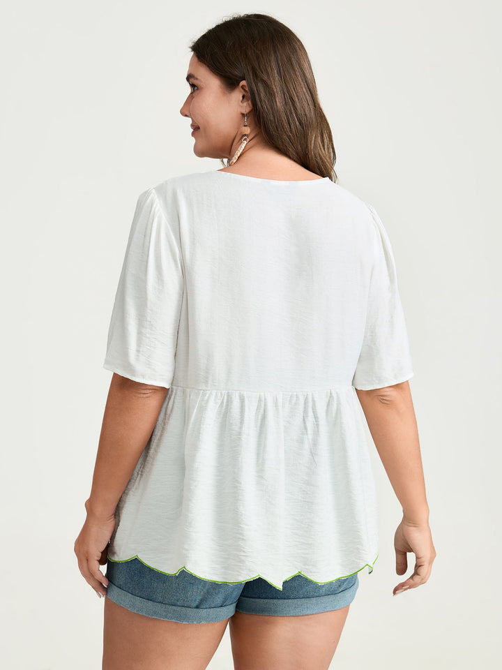 Embroidered Hemline V-Neck Babydoll Blouse