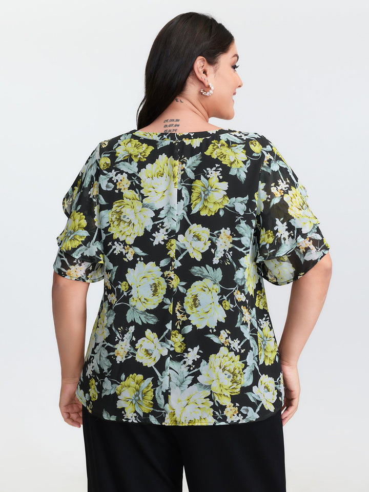 Floral Print Ruffled Edges Blouse
