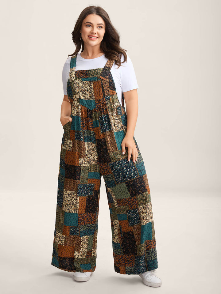 Vintage Boho Collage Overall Straps Jumpsuit