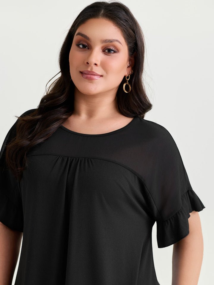 Sheer Floral Print Contrast Knit Top
