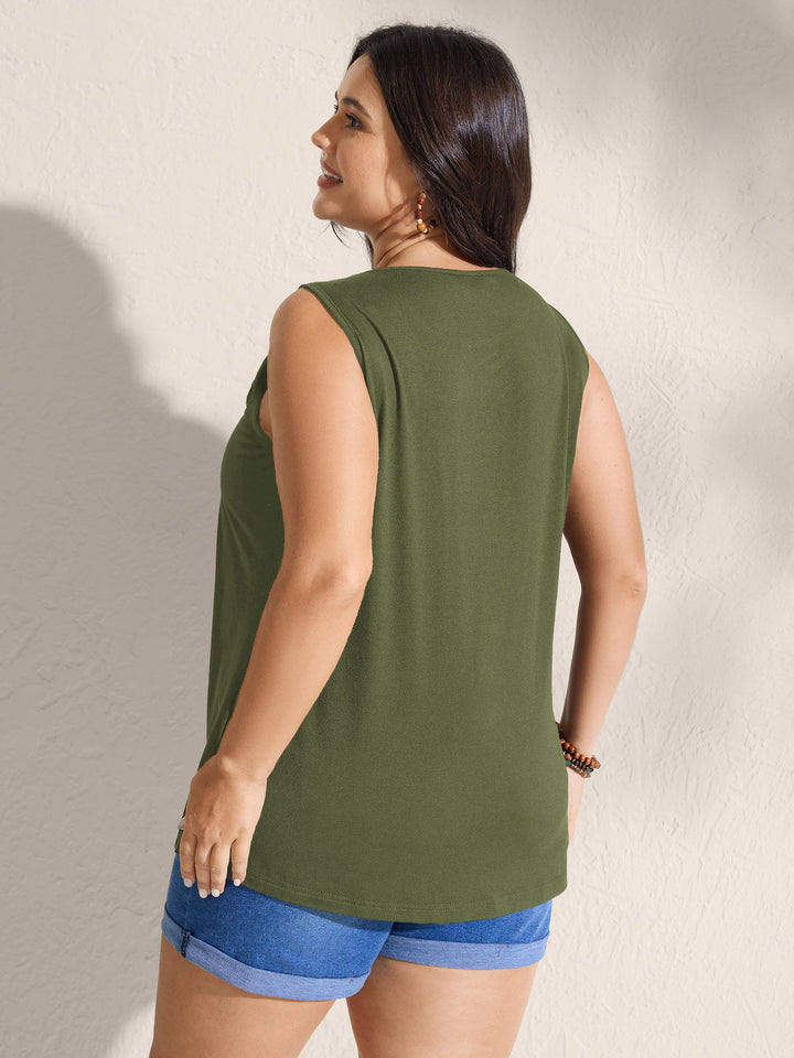 Embroidered Neckline Pleated Front Panel Tank Top