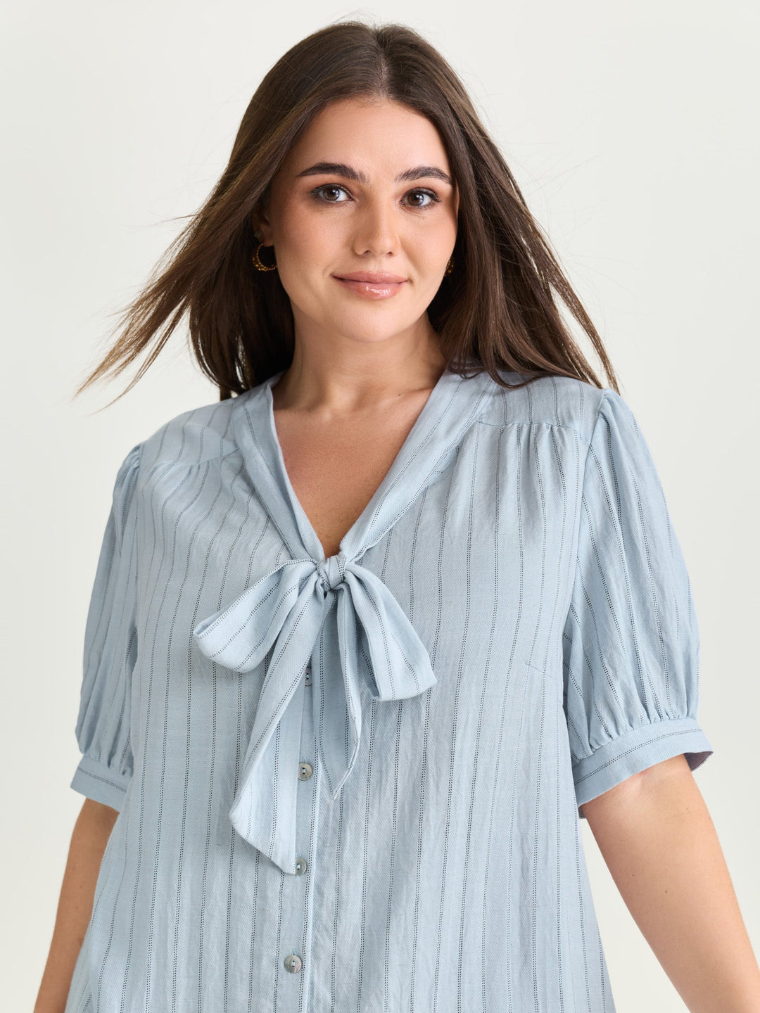 Cotton Bowknot Neckline Button-Down Blouse