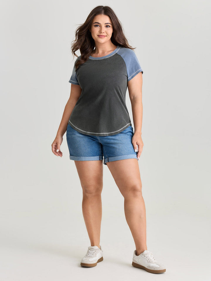 Cotton Stretchy Color Contrast Curvy Hem T-Shirt