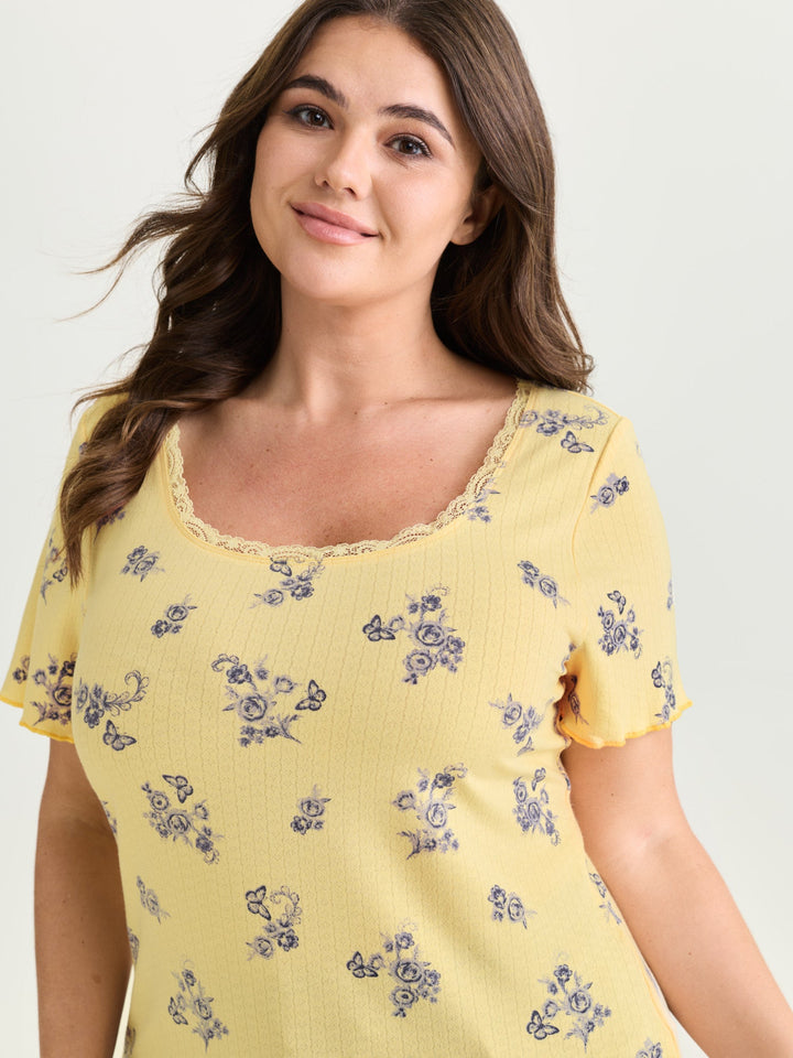 Floral Print Lace Round Neck T-Shirt