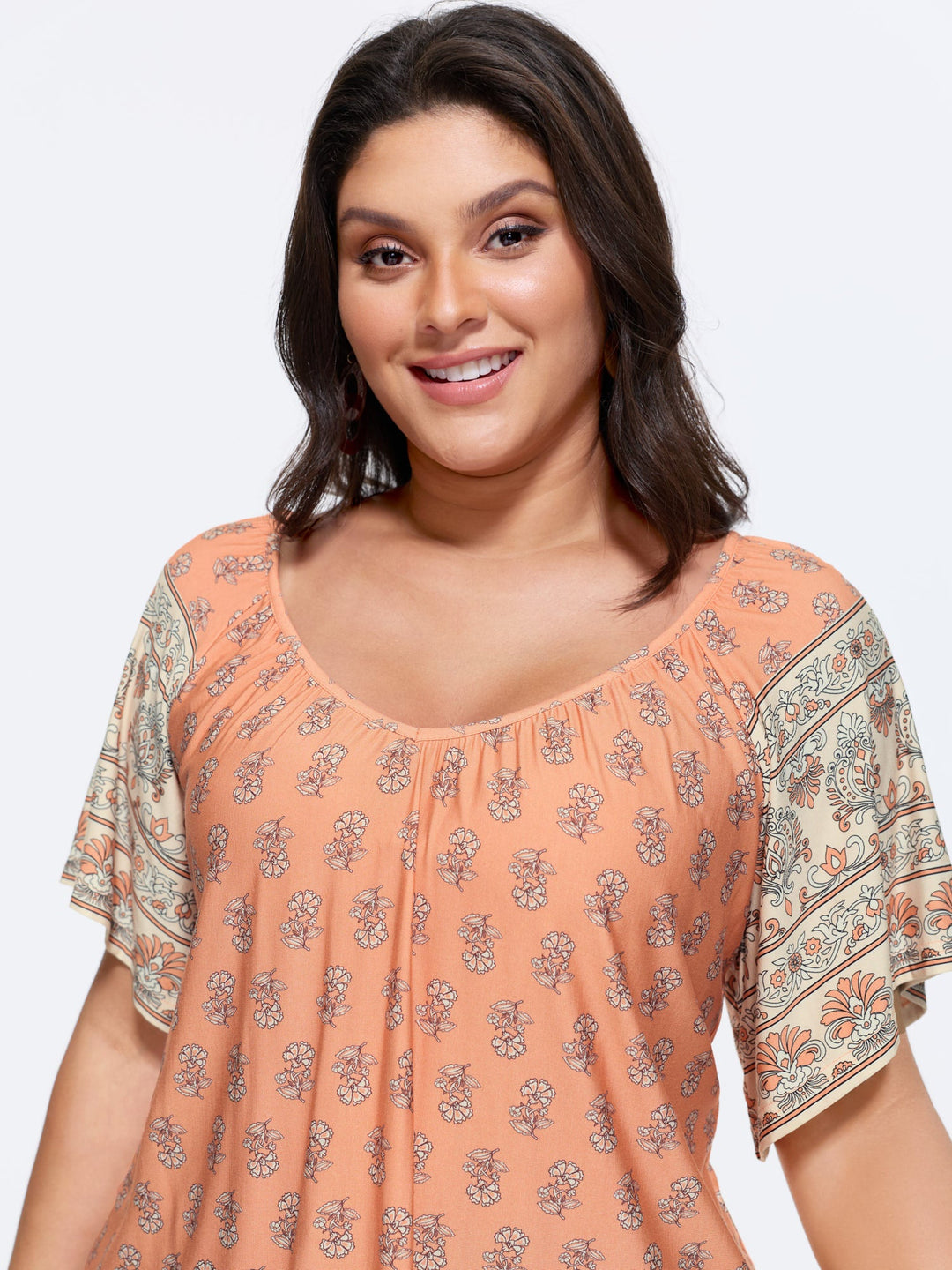 Supersoft Floral Print Flared Sleeve Pleated Knit Top