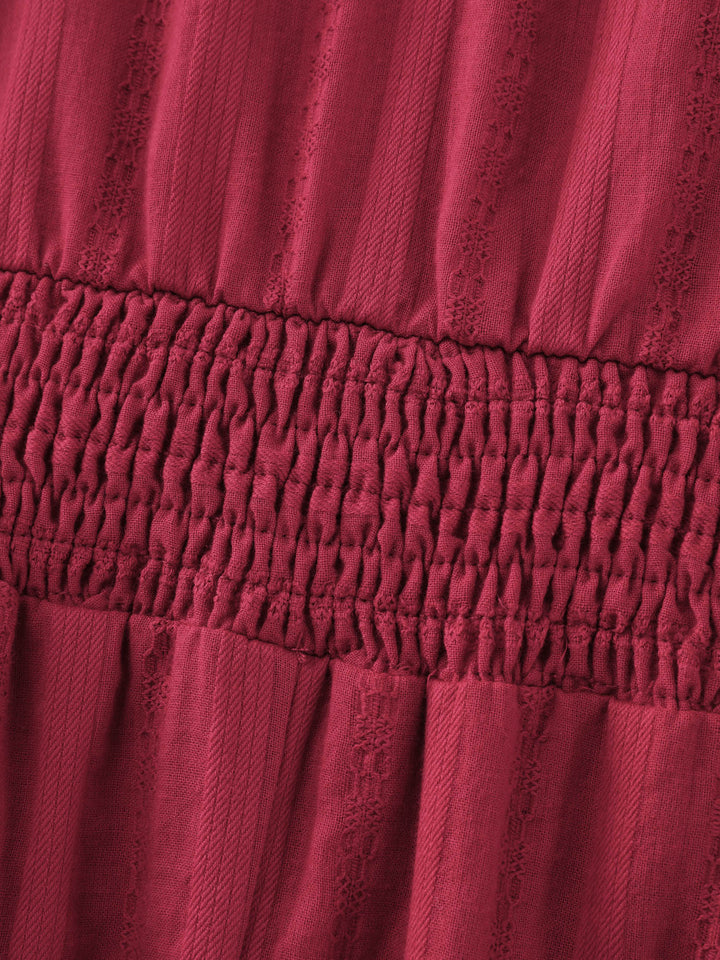 Cotton Textured Cinched-Waist Tiered Midi Dress