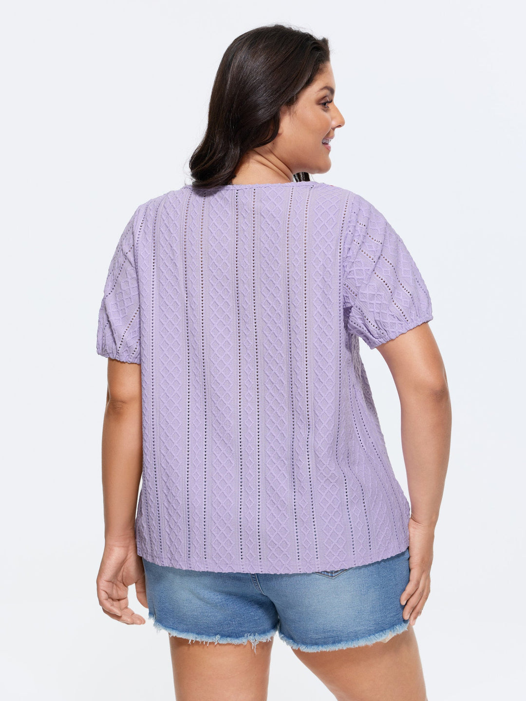Eyelet Trim Floral Embroidered Solid T-Shirt