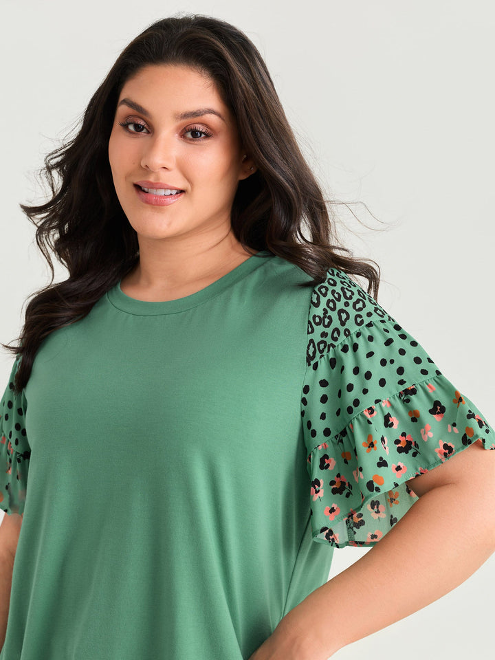 Supersoft Round Neck Color Block Floral Sleeve T-Shirt
