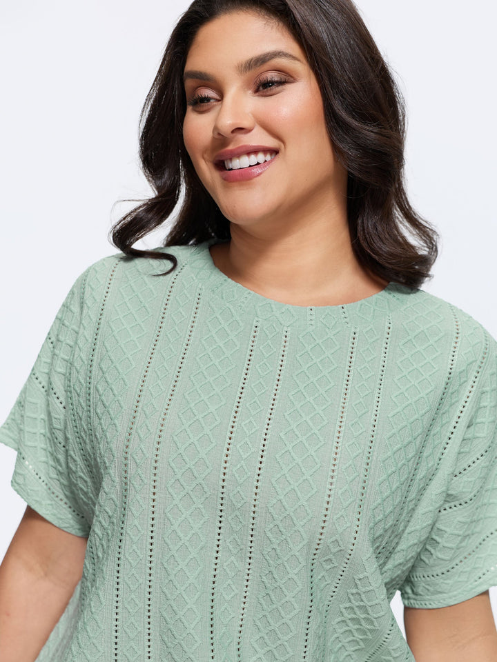 Eyelet Trim Stretchy Textured Plain Top