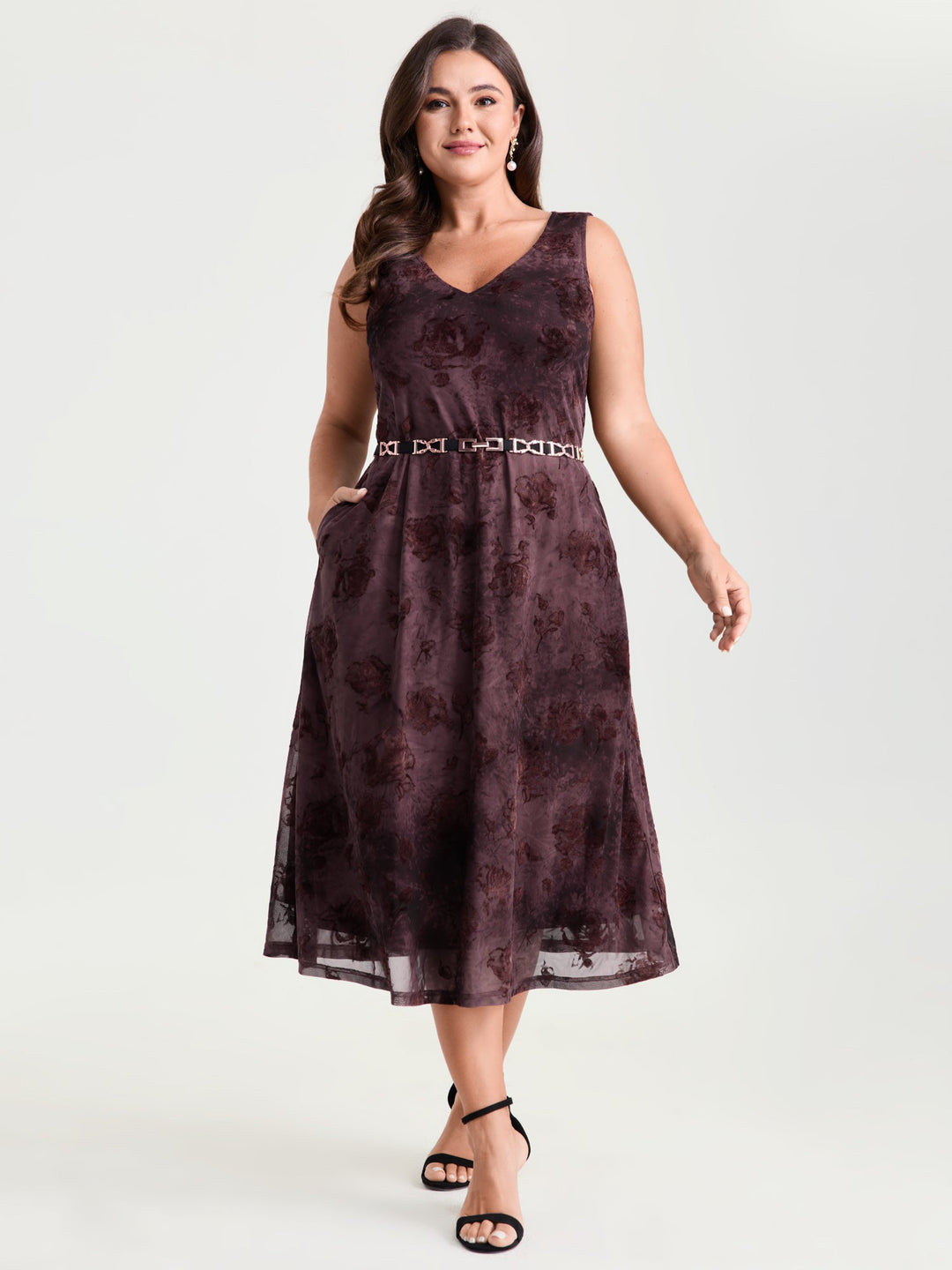 Stretchy Mesh Deep V-Neckline Midi Dress