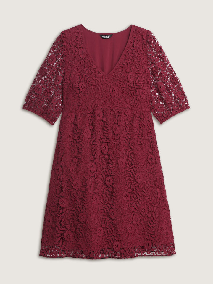 Romantic Lace Trim Puff Sleeve Midi Dress