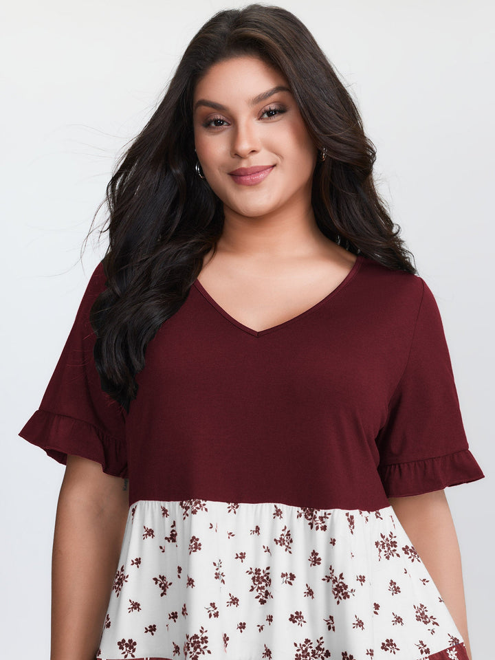 Color Contrast Floral Print Tiered Top