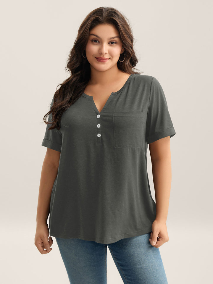 Solid Split Neck Button Detail T-Shirt