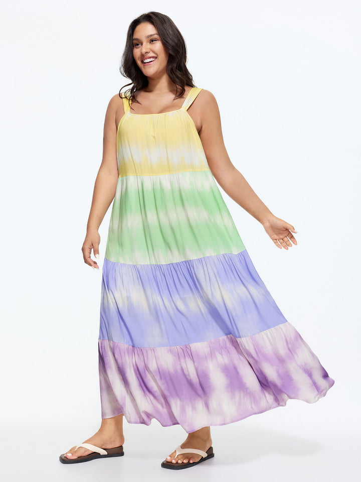 Colorblock Tiered Wide-Straps Maxi Dress