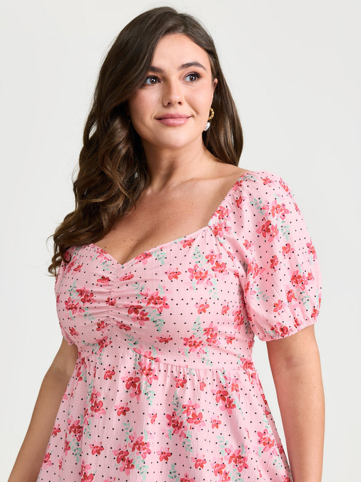 Romantic Floral Print Ruched Blouse