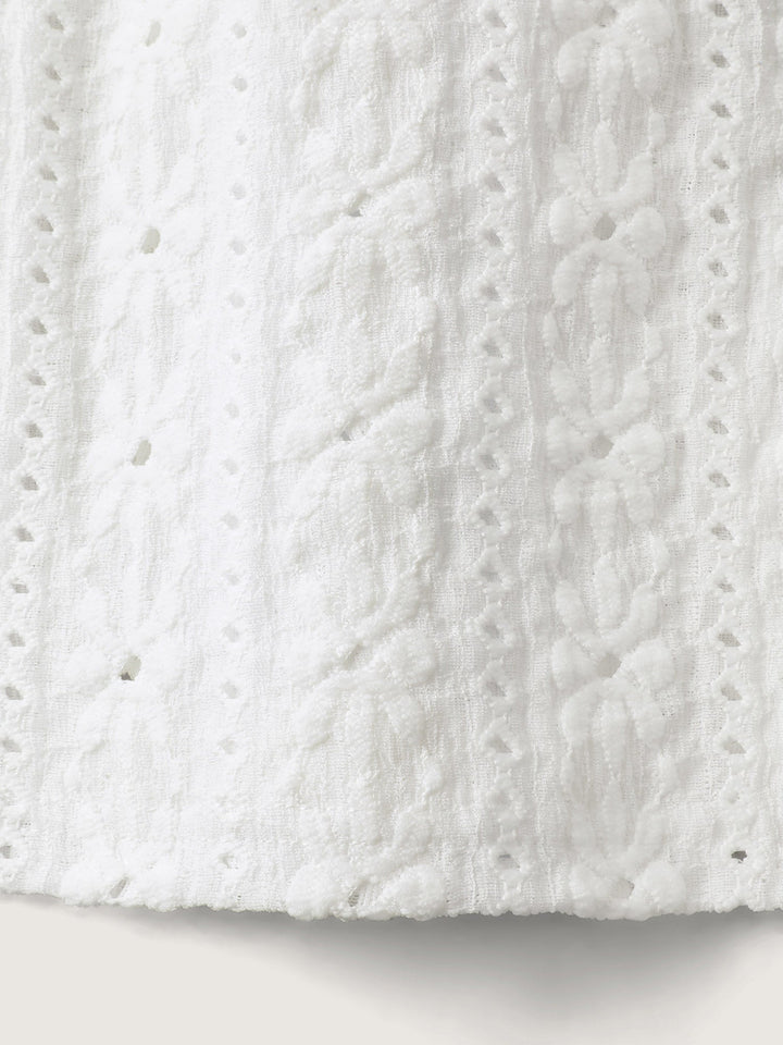Eyelet Trim Floral Embroidered Solid T-Shirt