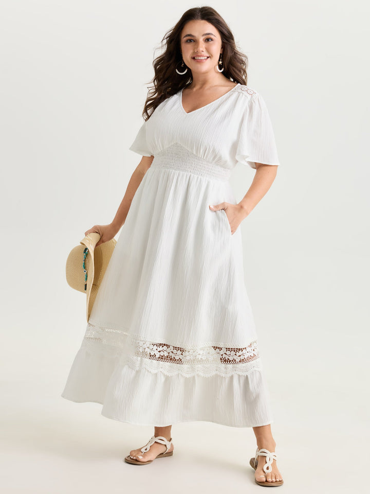 Lace Cut-Out Shirred Solid Maxi Dress