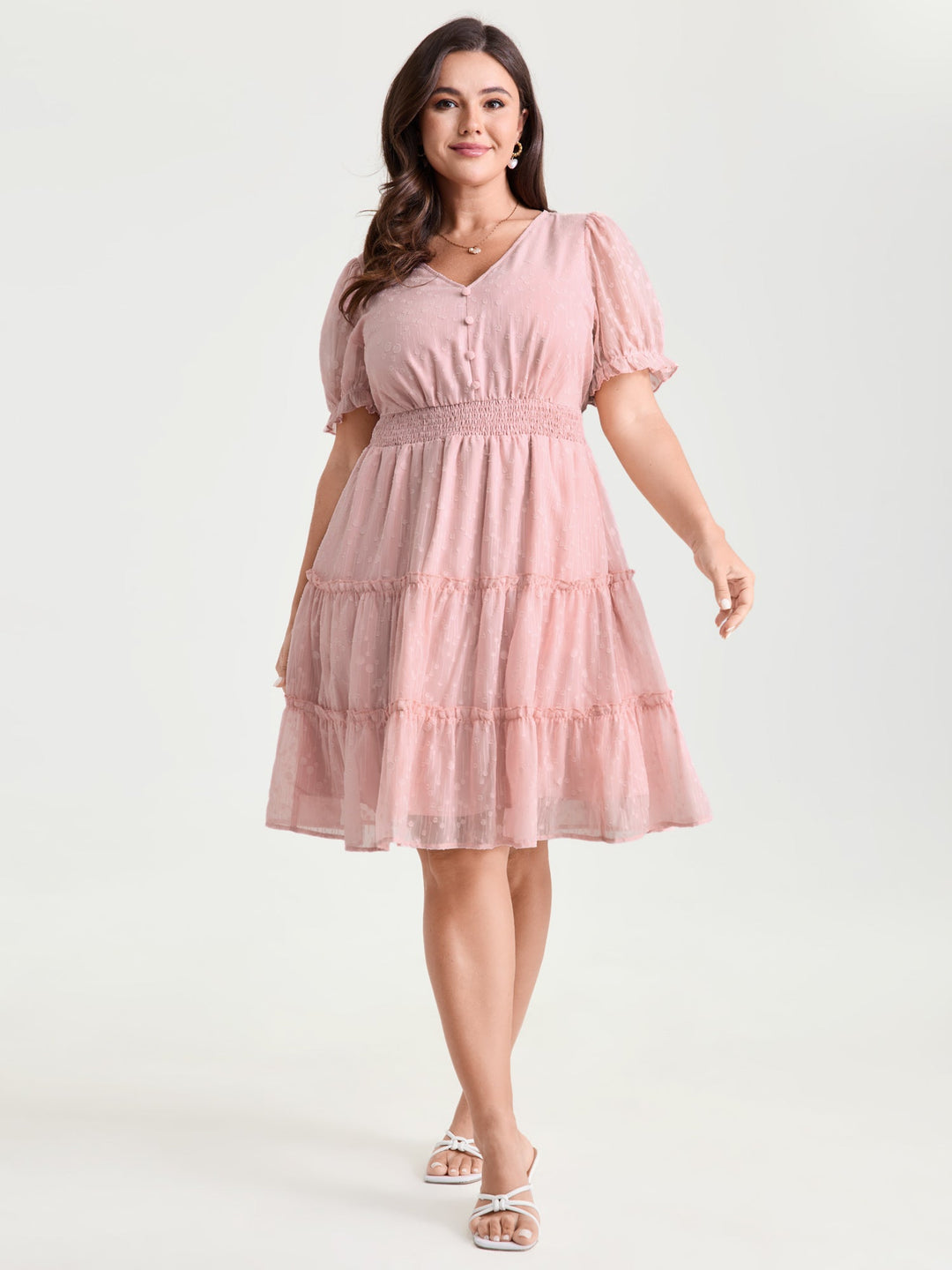 Polka Dots Shirred Cuff Sleeve Tiered Mini Dress
