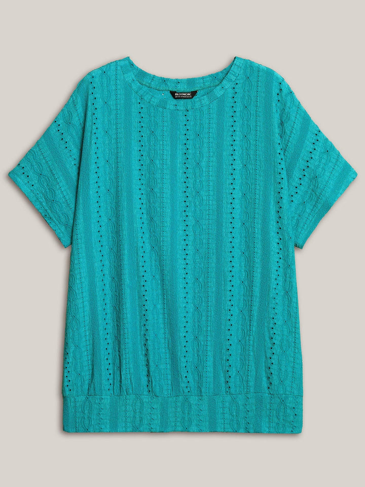 Eyelet Trim Stretchy Textured Plain Top