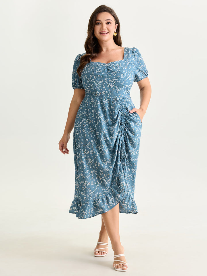 Floral Print Ruched Adjustable Drawstring Hem Midi Dress