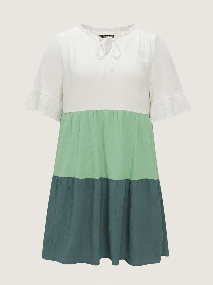 Colorblock Drawstring Neckline Tiered Mini Dress