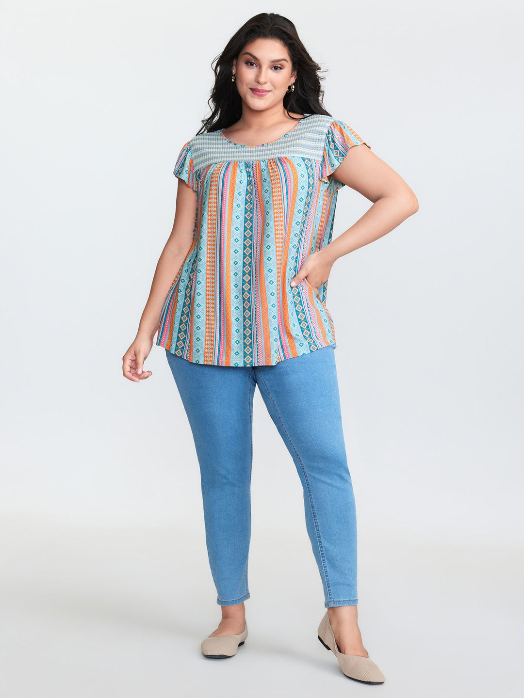 Geometric Print Ruffled Sleeve Knit Top
