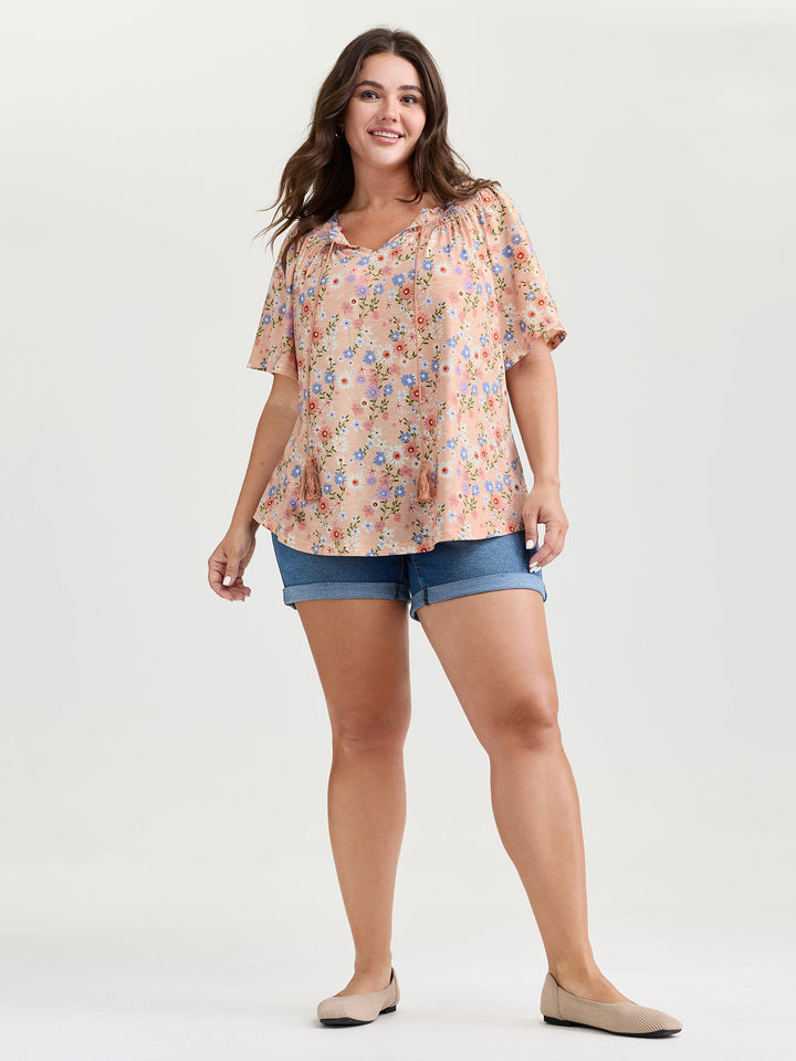 Sweet Floral Print Shirred Drawstring Neckline Top