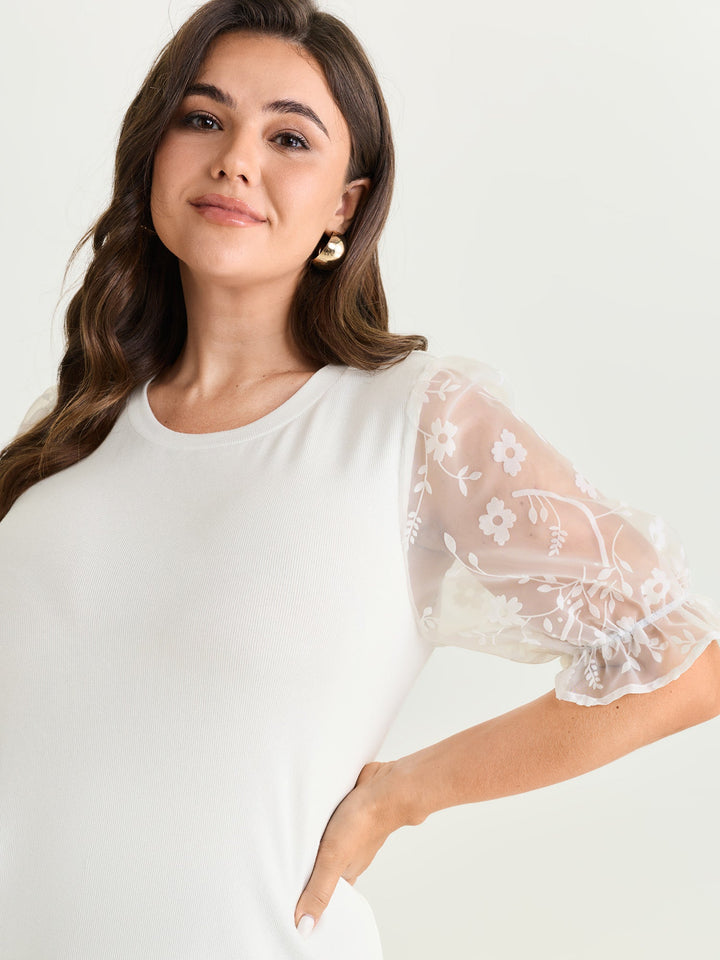 Sheer Puffy Sleeve Round Neck T-Shirt