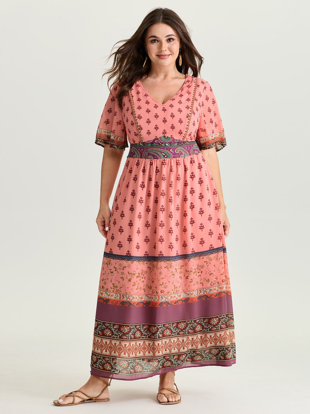 Colorful Floral Paisley Print V-Neck Maxi Dress